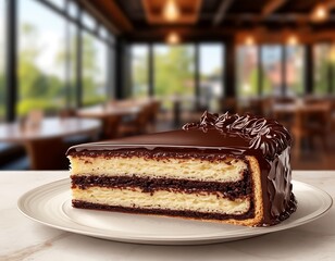 A piece of cake on the right, a blurred cafe background on the left is a cross-section of a luxurious puff pastry cake.  glossy dark chocolate glaze, delicate sponge cake, light, chocolate.