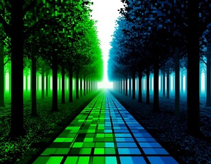 digital forest trees , path with a grid of computer pixels in green , blue and black tones, digital reality abstraction background, matrix, codes,