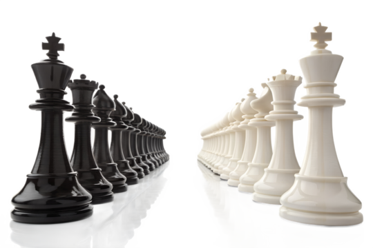 Black and White Chess Pieces Facing Off, Strategy Game - Powered by Adobe