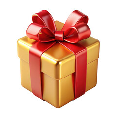 3d realistic gold gift box with red bow isolated on transparent background