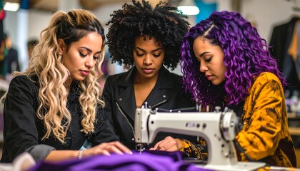 Women sewing together in workshop.