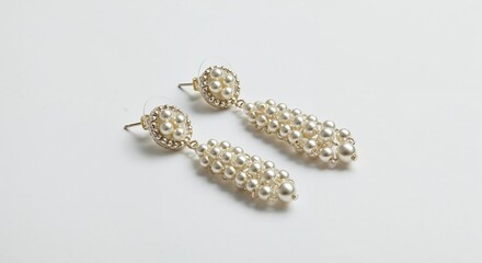 Beaded drop earrings isolated on white background, elegant jewelry, side view, glossy beads