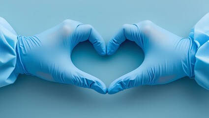 Fototapeta premium Two hands wearing blue medical gloves forming a heart shape