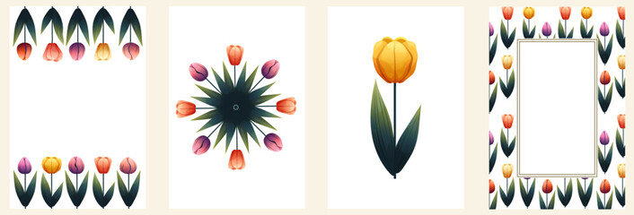 Frames with tulips for spring summer cards, invitations, packaging, posters and design templates. Simple floral borders and round compositions for love themes.