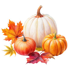 Autumn still life, pumpkins, white pumpkin, orange pumpkin, miniature striped pumpkin