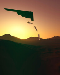 B-2 Spirit, Stealth Bomber, heavy strategic bomber, stealth technology designed to penetrate dense anti-aircraft defenses and GBU-57 MOP (Massive Ordnance Penetrator) bunker buster bomb. 3d rendering