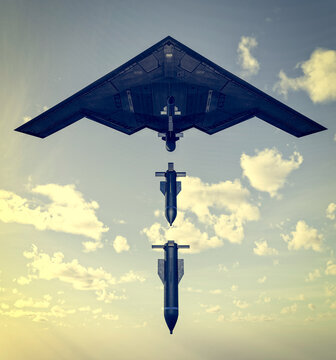 B-2 Spirit, Stealth Bomber, heavy strategic bomber, stealth technology designed to penetrate dense anti-aircraft defenses and GBU-57 MOP (Massive Ordnance Penetrator) bunker buster bomb. 3d rendering