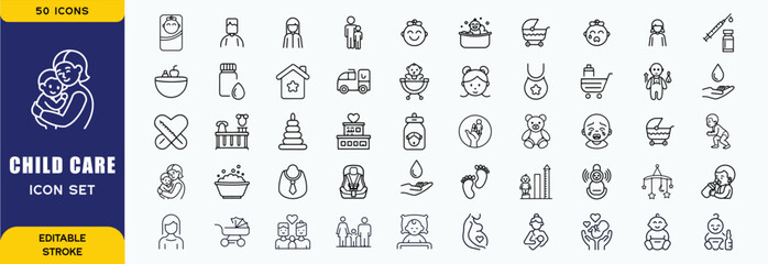 Child care Line Icons set. Editable Stroke. Child, baby boys, family, human age, diaper, child sleeping, baby care and more. Vector Illustration