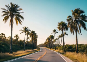 Sunlit road lined with palm trees, clear blue sky above, relaxed summer road trip atmosphere