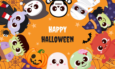 Cute Halloween characters background greeting card