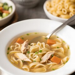 4k high quality Ai generative HD art photo realistic store business menu sell selling simple restaurant western food eat cooking  best chicken noodle soup vegetable umami rotini spaghetti pasta bowl 