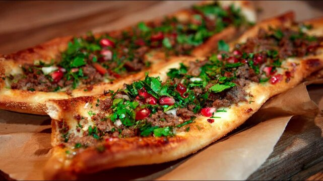 Delicious turkish pide bread with meat, herbs and pomegranate seeds.