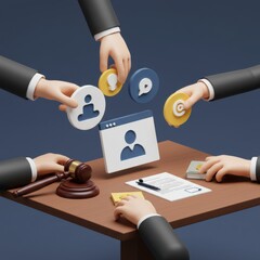 3D Render of Business NegotiationLegal Contract Signing Process with Icons and Gavel on Table