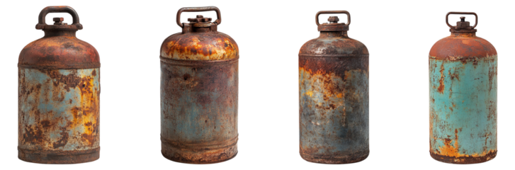Collection of old and rusty gas cylinders, isolated on a transparent background