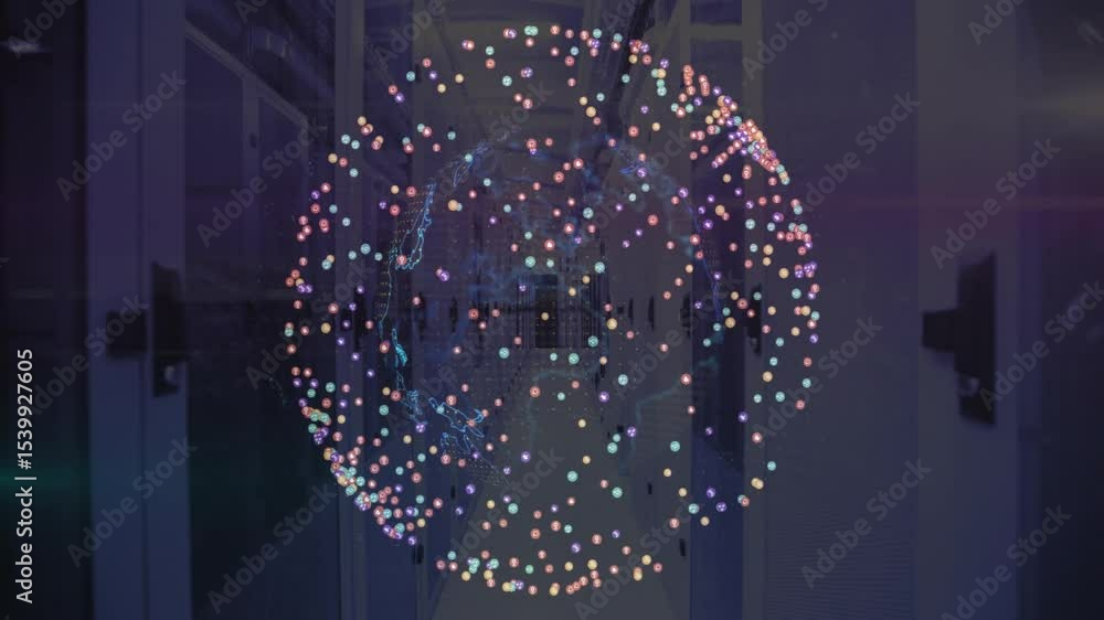 Poster colored points forming rotating 3d globe in data center, pulsing dots for network mapping