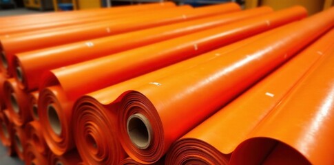 Stacked rolls of bright orange rubber roofing, material, commercial roofing, environmental friendly