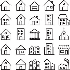Fototapeta premium House and buildings icon set line art vector illustration. Different buildings symbol collection.