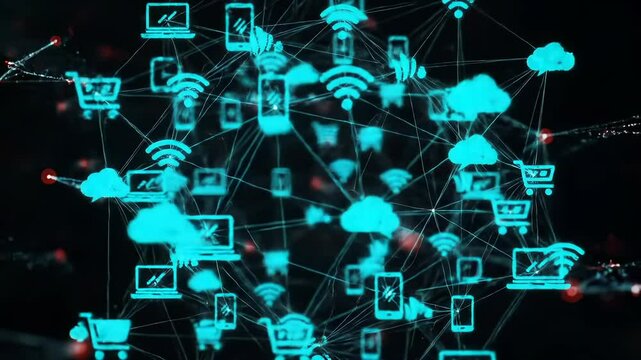 Global Network illustrating seamless digital connectivity with glowing Wi-Fi, cloud, mobile, and laptop icons forming an abstract technology sphere. No people. - Powered by Adobe
