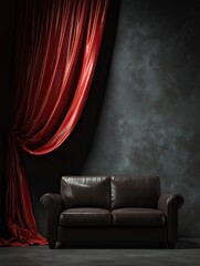 Fototapeta premium Dark room, dark brown leather couch sits before a textured dark grey wall with a rich red curtain draped to the side