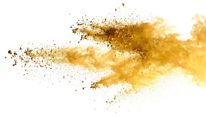 Gold powder explosion with white background.