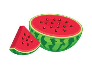 Juicy ripe watermelon slice and half icon set vector illustration. Watermelon icon isolated on a white background. Summer fruit design element. Slice of watermelon drawing