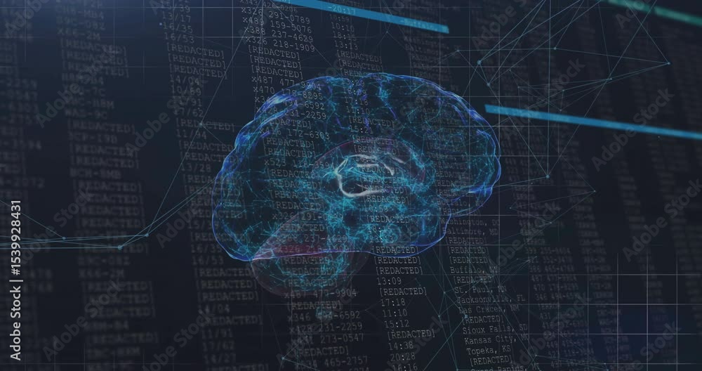 Poster fading blue brain rotating over grid while scan bar scanning and code scrolling visualizing data