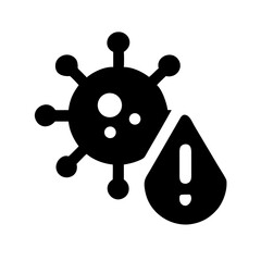 Obraz premium Black icon showing a virus shape next to an exclamation-mark droplet, representing a virus outbreak or health hazard warning. 