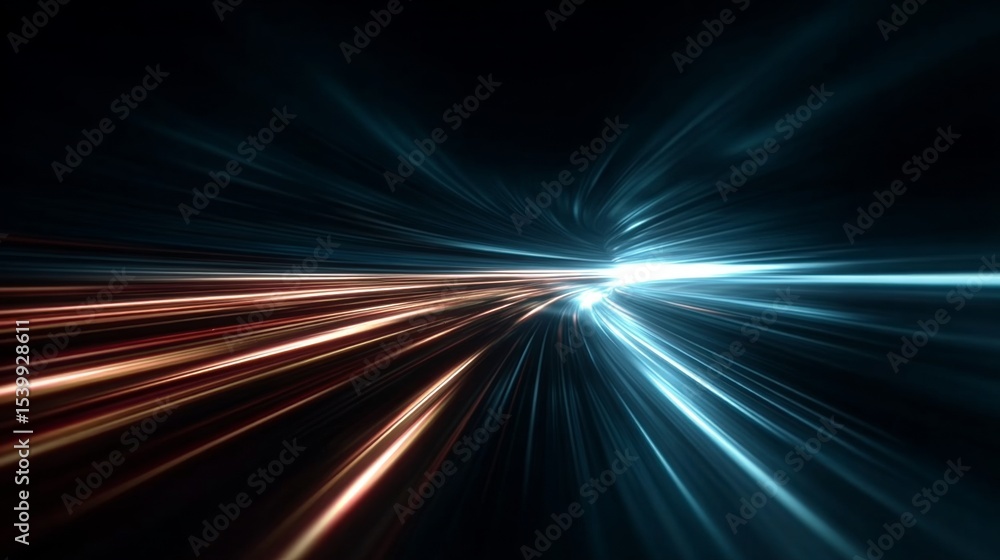 Poster dynamic orange and blue light trails creating abstract fast-speed movement effect with motion blur