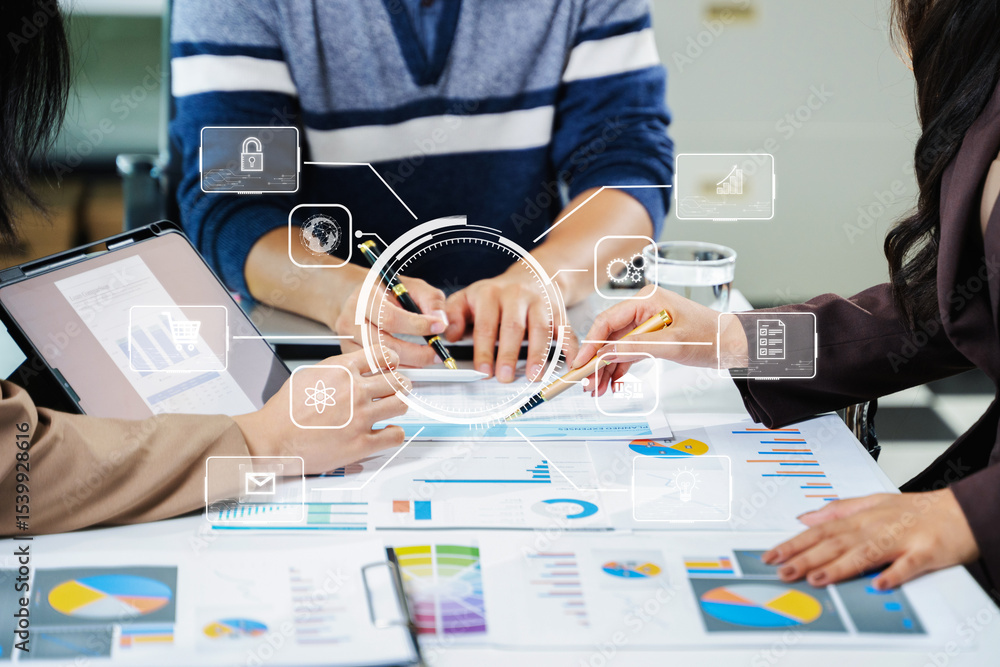 Poster working team meeting concept, business using laptop and smart phone and digital tablet computer with
