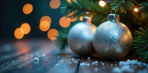 Elegant silver baubles, blurred festive lights, Christmas scene, shiny baubles, celebration, silver lights background