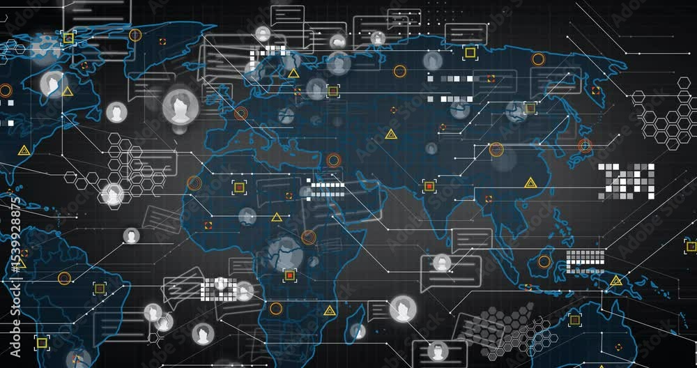 Poster outline glowing initiating avatar icons chat bubbles appearing on world map showing network growth