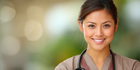 Optimistic nurse smiling in brown uniform, promoting patient care with professionalism and trust.