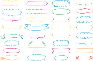 Hand-drawn colorful decorative frames and dividers set. Collection of doodle style borders, arrows, curly brackets, banners, and clouds. Ideal for scrapbooking, note design, invitations, and digital a