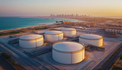 Aerial view of large white storage tanks, a cityscape, and coastline