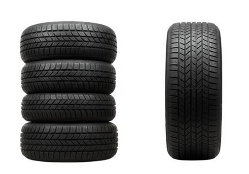 Four car tires stacked and single tire isolated on transparent background