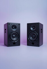 Realistic stereo sound system with dynamic neon light background, designed for music production, technology, and digital media use