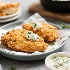 4k high quality Ai generative HD art photo realistic store business menu sell selling market restaurant western food eat fried chicken dory fish bread crumbs mayonnaise tartar sauce lemon butter herb