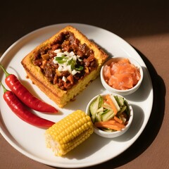 4k high quality Ai generative HD art photo realistic store business menu sell selling market restaurant western food eat cooking spicy corn bread chili poke chicken salad condiment meat vegetables yum