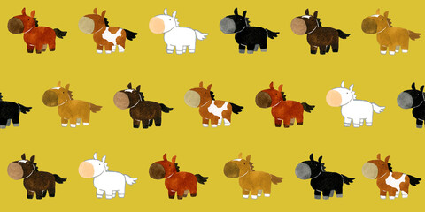 かわいい馬のシームレスパターン　手描きイラストの動物柄