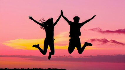 silhouette of two people jumping