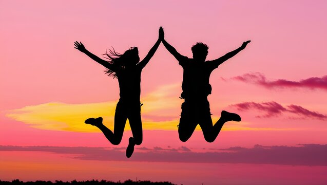 silhouette of two people jumping