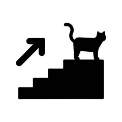 A black silhouette of a cat standing on stairs with an arrow pointing upwards beside it