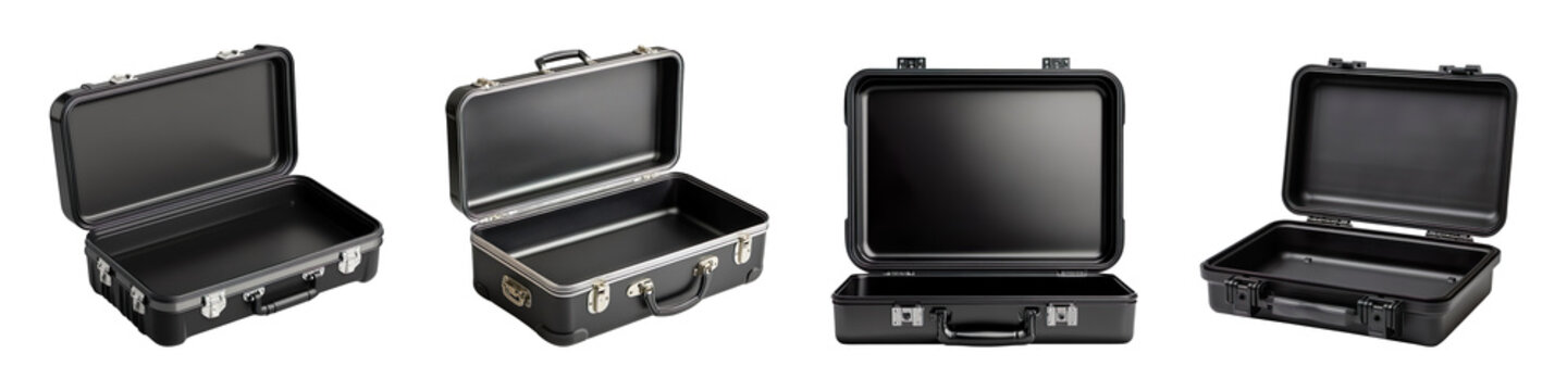 Collection of open black cases, isolated on a transparent background