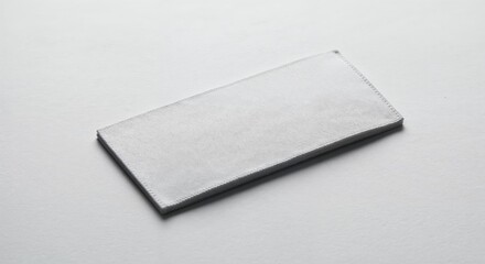 Care label patch isolated on white background, blank fabric tag, photorealistic top-down view