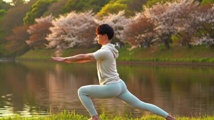 Man Doing Tai Chi in a Park with Cherry Blossoms - Powered by Adobe