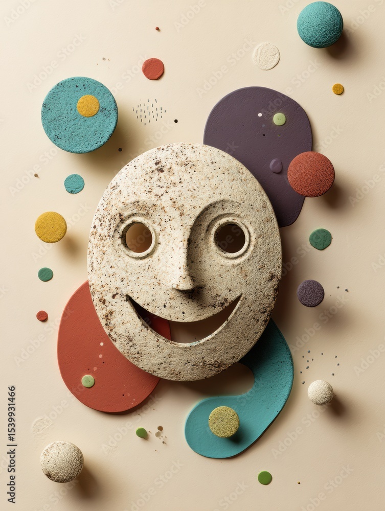Aufkleber smiling clay face surrounded by colorful abstract shapes in a minimal artistic arrangement