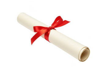 Rolled diploma with red ribbon isolated on transparent background