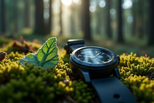 Smartwatch in nature. Blue smartwatch resting on moss in forest setting with natural lighting and bokeh background.