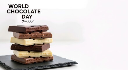 Stack of assorted chocolate bars on a black slate board for world chocolate day event