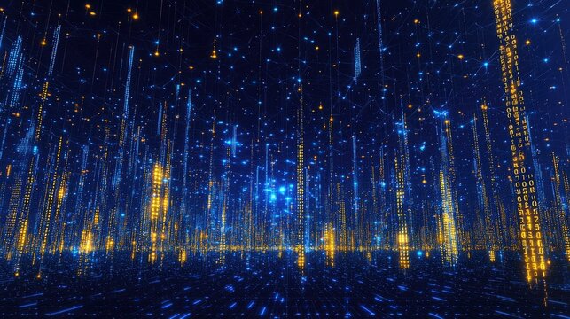 Digital cityscape of glowing lines and numbers.